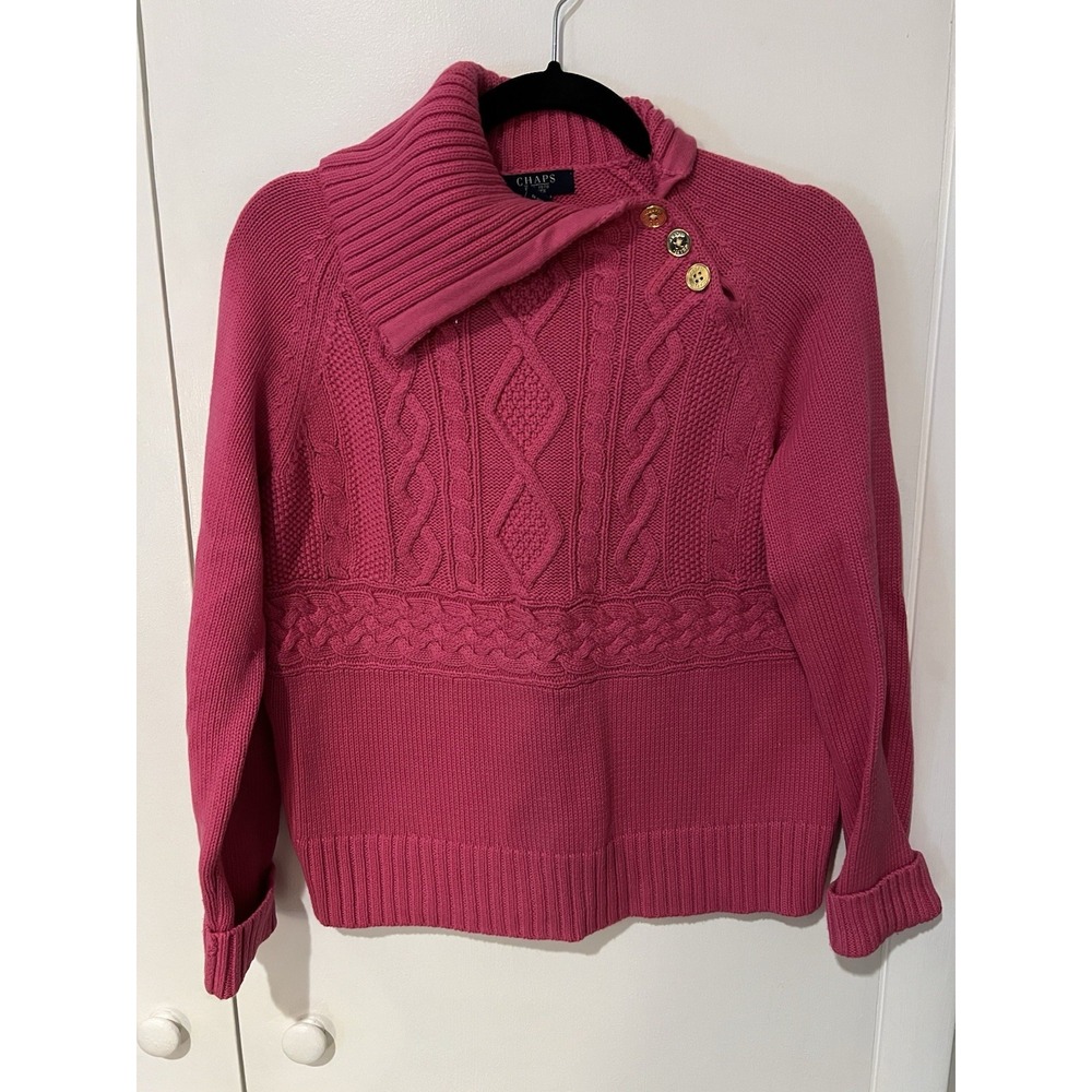 Chaps Women's Cable Knit Pullover Sweater Pink Petite Large Gold Button Detail